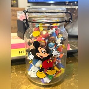 Vintage Anchor Hocking Disney Mickey Mouse Figure Jar w/ 80’s Disney Figurines
